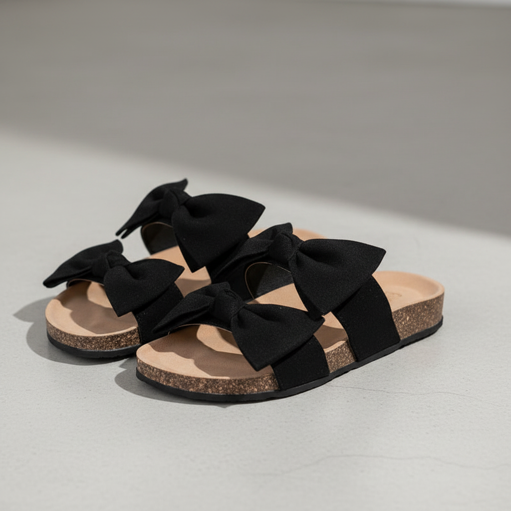 Women Slides 2 Straps Comfy Bow Slide Sandals Black